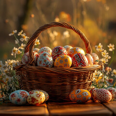 Wall Mural - Decorated Easter eggs in basket on table, outdoor sunset, floral background