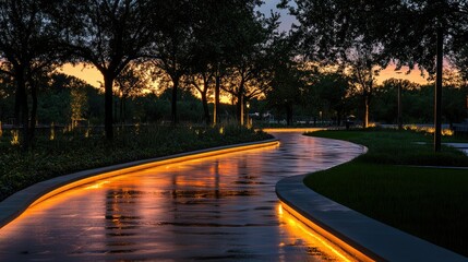 Canvas Print - A well-lit park walkway at twilight, with warm LED lights reflecting off wet pavement and silhouetted trees