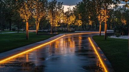 Canvas Print - A well-lit park walkway at twilight, with warm LED lights reflecting off wet pavement and silhouetted trees