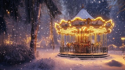 Canvas Print - A winter wonderland featuring a glowing carousel in the snow, with warm lights illuminating the frosty night