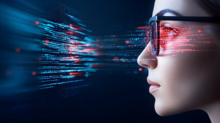 Close-up of a person with a serious expression looking at code on a computer screen, with a background that blends technology and a modern business concept