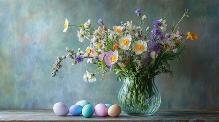 Wall Mural - An elegant arrangement of wildflowers and pastel eggs in a glass vase, capturing spring essence