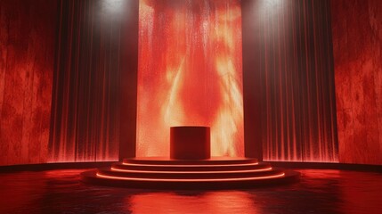 Wall Mural - An elegant award stage with a glowing podium, highlighted by dramatic lighting on a vivid red background.