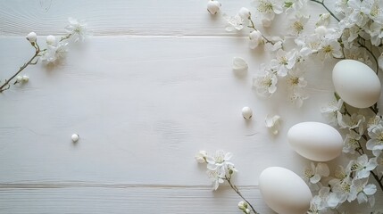 Sticker - Artistic arrangement of Easter eggs and spring blossoms on a white wooden table, space for text included