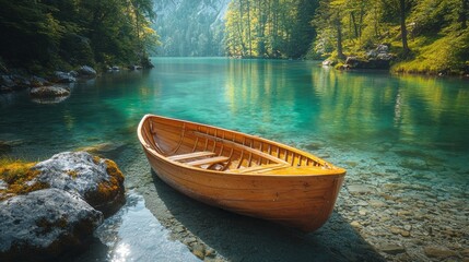 Wall Mural - Wooden rowboat on crystal-clear lake, surrounded by lush green forest.