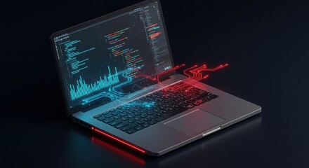 Futuristic laptop, holographic coding interface, glowing circuit connections, neon blue and red
