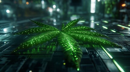 Wall Mural - Glowing cannabis leaf on futuristic tech surface. (1)