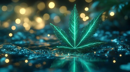 Wall Mural - Glowing cannabis leaf on dark water.