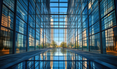 Looking up at the blue glass curtain wall buildings in modern cities