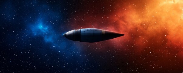 Wall Mural - A futuristic spacecraft glides through a vibrant cosmic scene filled with swirling blue and orange nebulas.
