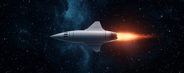 Wall Mural - A sleek rocket ship propels through the vastness of space, leaving a fiery trail against a starry backdrop, symbolizing exploration and adventure.