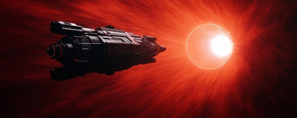 Wall Mural - A sleek spaceship travels through a vibrant red space, approaching a bright star amidst a stunning cosmic backdrop.
