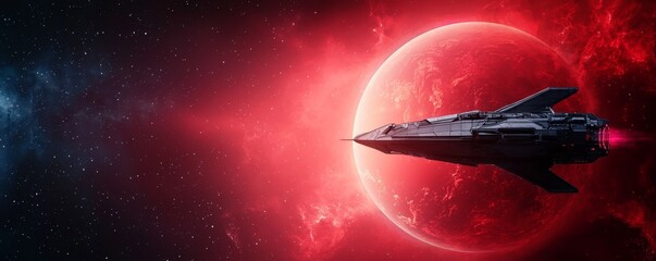 Wall Mural - A futuristic spaceship navigates through a vibrant, red cosmic environment, highlighting the beauty of space exploration.