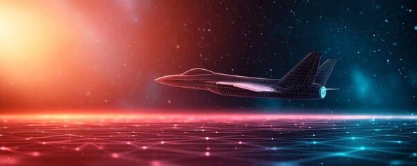 Wall Mural - A futuristic spacecraft glides through a cosmic landscape, illuminated by vibrant colors and digital effects, suggesting advanced technology and exploration.
