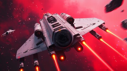 Wall Mural - A futuristic spaceship fires lasers in a vibrant, red cosmic scene filled with asteroids and stars, conveying action and adventure in space.