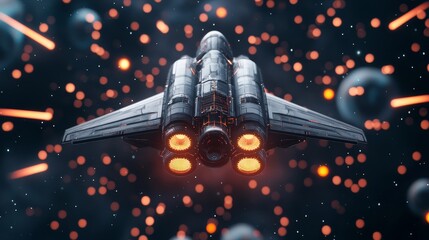 Wall Mural - A futuristic spaceship navigates through a cosmic scene filled with bright explosions and celestial bodies, showcasing advanced technology and space exploration.