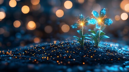 Wall Mural - Glowing flowers growing from dark soil.