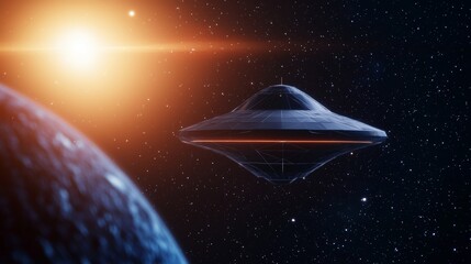 Wall Mural - A futuristic spaceship hovers in space near Earth, illuminated by a distant sun, showcasing a stunning cosmic scene.