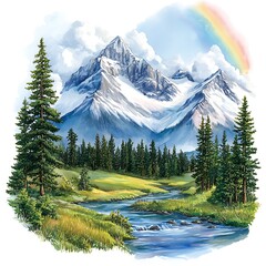 Wall Mural - Serene Watercolor Painting of a Mountain River Scene with Rainbow.