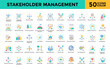 © Gravisio - Stakeholder Management icon set with expectation management, stakeholder identification, network building, trust building, collaboration tools, decision support icon. Simple flat color vector