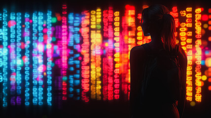 Wall Mural - data stream dream: a woman's silhouette is bathed in the vibrant glow of a massive data stream, repr