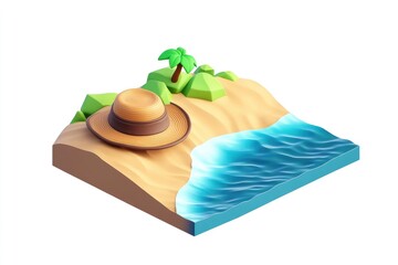 Wall Mural - A stylized beach scene featuring a straw hat, palm tree, and gentle waves.