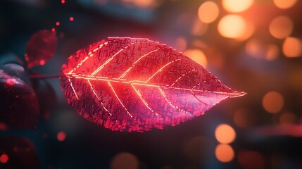 Wall Mural - Glowing red leaf with bokeh background.