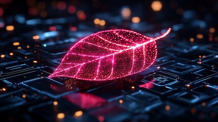 Wall Mural - Glowing leaf on digital circuit board. (1)
