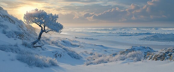 Poster - Frosty tree on snowy hillside overlooking winter ocean.