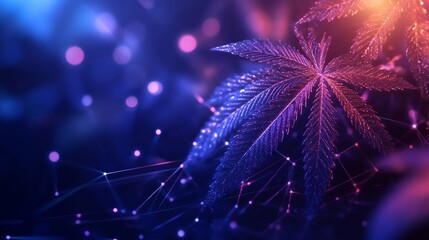 Wall Mural - illuminated cannabis leaf with digital network.
