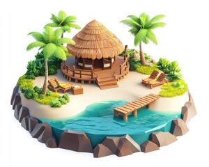 Wall Mural - A tropical beach scene featuring a thatched hut, palm trees, and a serene lagoon.