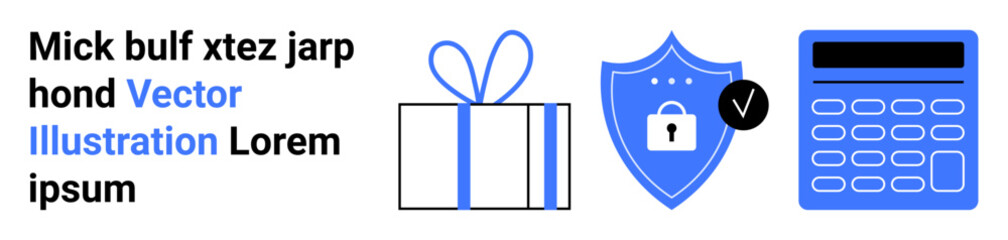 Gift box, security shield with lock, and calculator in blue. Ideal for digital security, financial planning, rewards programs, e-commerce platforms, budgeting tools, retail industry online