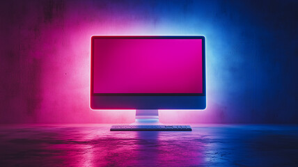 computer monitor in neon glow: a sleek, modern computer monitor bathed in vibrant pink and blue neon