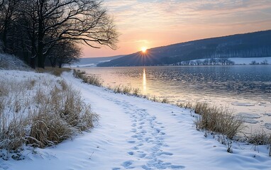 Poster - Scenic winter sunset over a frozen river with snow-covered banks and footprints in the snow.