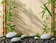 © A - bamboo and stones on a black stone floor