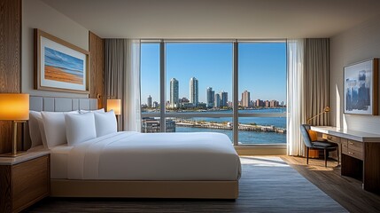 Poster - Luxurious hotel room with city skyline view.