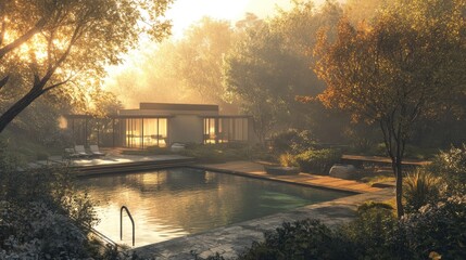 Wall Mural - A tranquil pool with a garden and modern house in the background, softly lit by the morning sun.