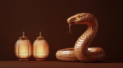 Poster - Wooden Cobra Sculpture with Illuminated Lanterns