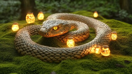 Poster - Wooden Snake Coiled on Moss with Glowing Lanterns