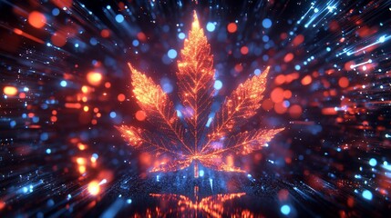 Wall Mural - glowing cannabis leaf in vibrant red and blue light streaks.