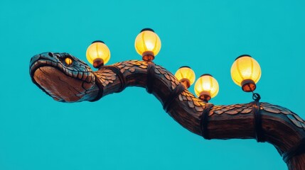 Poster - Wooden Serpent Lamp Post With Illuminated Lanterns