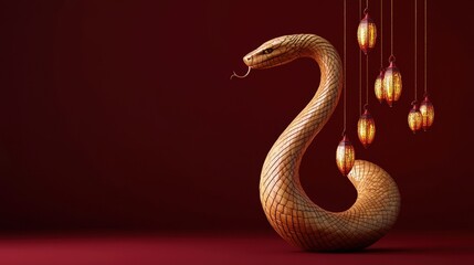 Poster - Wooden Snake Sculpture with Hanging Lanterns