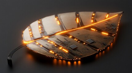 Wall Mural - illuminated leaf-shaped circuit board.