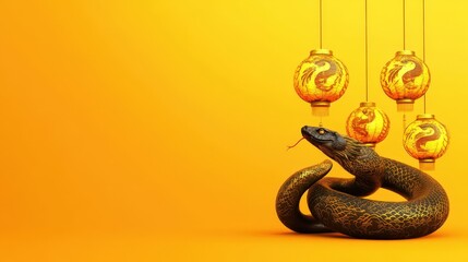 Poster - Ornate Black Snake with Golden Dragon Lanterns