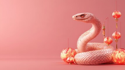 Poster - Pink Snake Coiled Among Red Chinese Lanterns