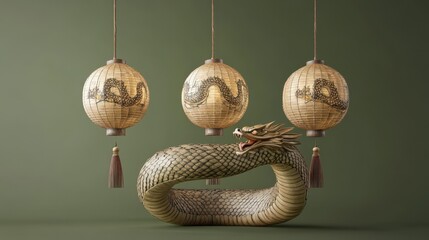 Poster - Dragon Sculpture with Three Asian Dragon Lanterns