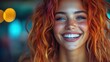 © ATVPEDIA ID - Woman with red curly hair, smiling, outdoors, portrait.  Possible use Stock photo for beauty, lifestyle, hair products, or social media
