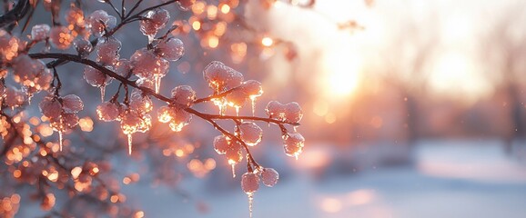 Poster - Icy tree branch at sunset, winter wonderland scene.