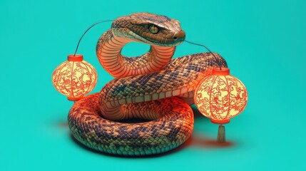 Poster - Coiled Snake with Illuminated Chinese Lanterns