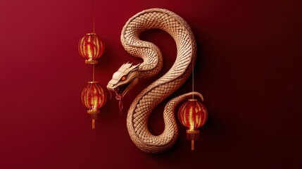 Poster - Wooden Snake Sculpture with Red Lanterns on Red Background